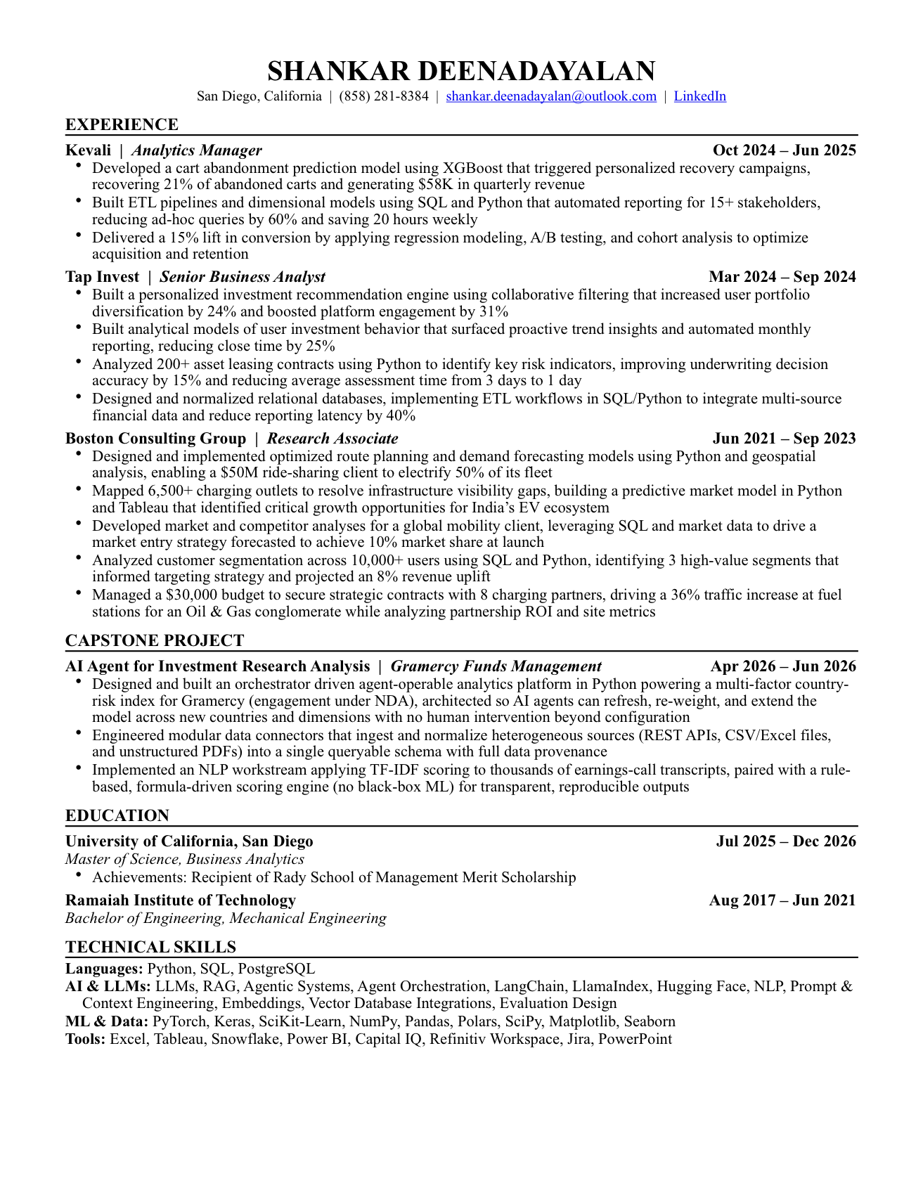 Resume — Shankar Deenadayalan